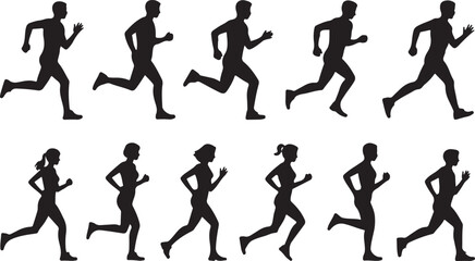 Run. Running men and women, vector set of isolated silhouettes