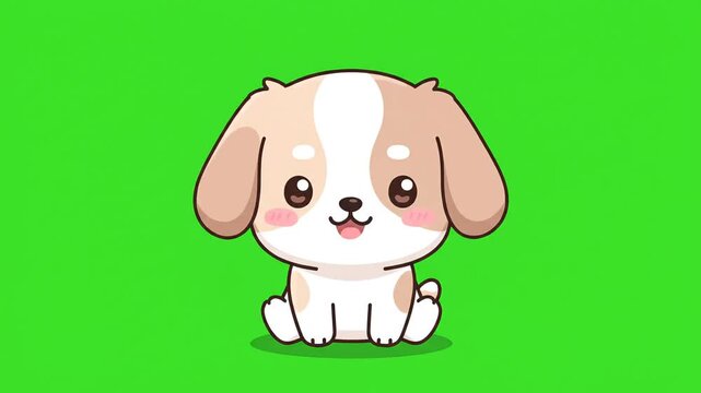 Adorable chibi cartoon dog mascot sitting happily on green screen for animation and overlay projects