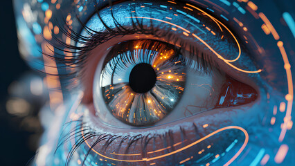 AI-Generated Futuristic Eye Close-Up with Digital Interface Overlay, Conceptual Illustration of Artificial Intelligence, Biometrics, Cyber Technology, Vision, and Advanced Human Machine Interaction
