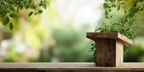 Wooden Table with Greenery: A rustic wooden table, adorned with lush green foliage, stands as a symbol of tranquility, with the soft, blurred background creating a natural feel.