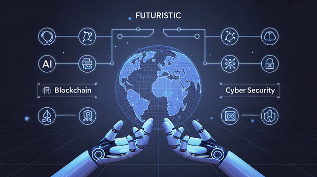 Robotic hands support a vibrant digital globe interconnected with artificial intelligence and cybersecurity networks - Powered by Adobe