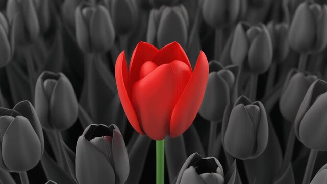 Single vivid red tulip with green stem stands out in grayscale field &mdash; a striking floral composition symbolizing individuality, contrast, and visual focus through selective color photography