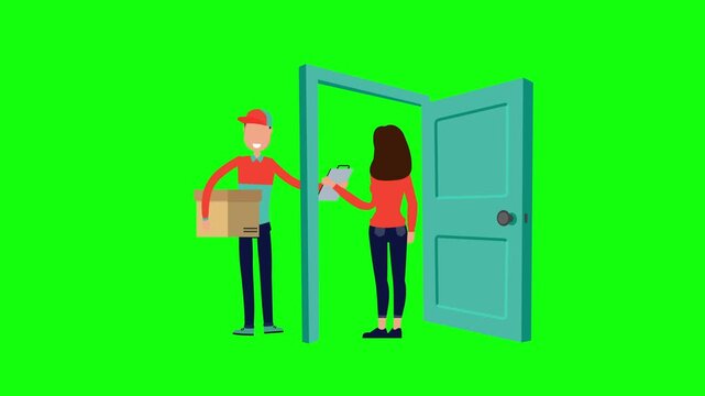 Man and Woman in Front of Open Door Illustration Animation, Home Parcel Delivery and Express Home Delivery Concept in 4K