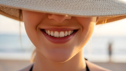 Close-up of a happy woman with a bright smile wearing a wide-brimmed hat, enjoying a sunny day at the beach