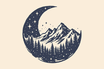 Crescent Moon Mountain Landscape Emblem Ink Sketch Vector Illustration © Victoria