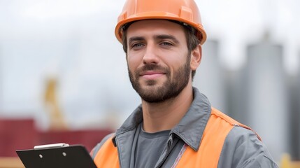 A confident male worker wearing a hard hat and safety vest holds a clipboard on an industrial site