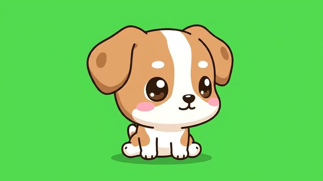 Cartoon chibi dog mascot sitting on green screen footage for educational animation explainer videos and mobile game design assets