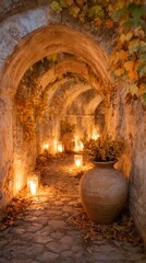 Candlelit stone corridor with shadows and clay urn