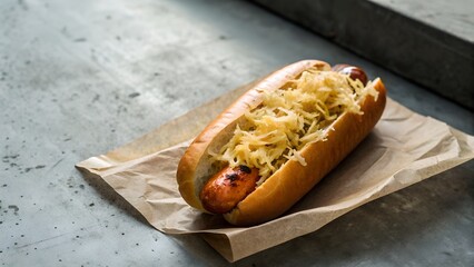Hearty Sausage in a Toasted Bun Topped with Sauerkraut on Kraft Paper