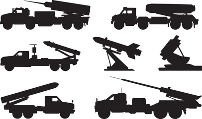 Self-Propelled Missile Artillery and Radar Silhouettes Vector, Mobile Defense Systems and Launch Vehicles for Security and Threat Graphics