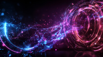Obraz premium Particle dots glowing abstract background. Neon circle splash surface shapes design. Modern light technology and science vector.