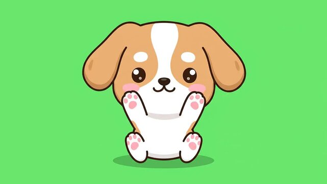 Adorable cartoon chibi dog mascot character waving on green screen for animation and video compositing purposes