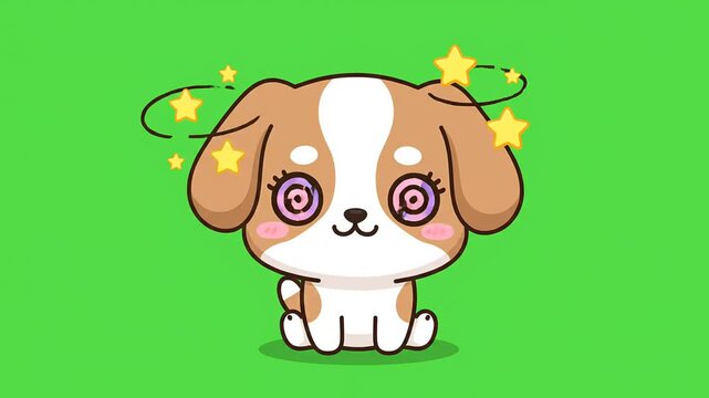 Adorable chibi cartoon dog dizzy animation with swirling stars on green screen alpha channel for memes and video games.