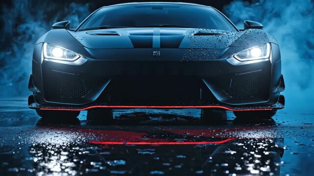 A dark, aggressive sports coupe is captured dramatically, headlights glowing on a wet surface in a foggy blue setting.