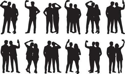 Silhouette group of people selfie different poses silhouette vector set on white background