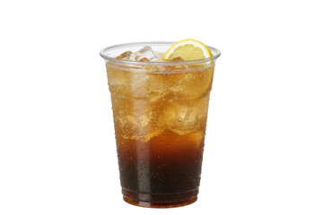 iced coffee in a plastic cup with ice and lemon, isolated cutout