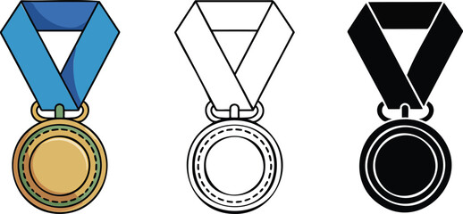 Gold medal silhouette & Outline and illustration set isolated on transparent background