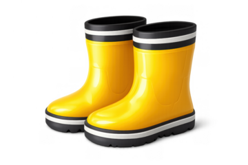 Pair of vibrant yellow rain boots, offering protection and comfort in rainy or wet environments, rendered on a transparent background