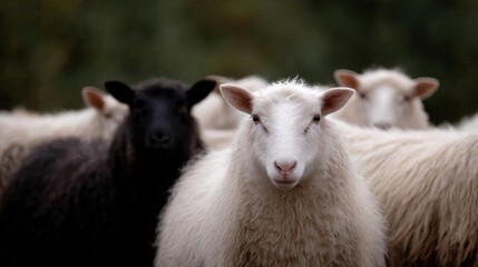 Group of sheep standing close together in a field. in the foreground, there is a white sheep with a pink nose and ears, looking directly at the camera.