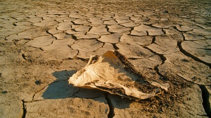 A cracked empty seed packet lies on a barren patch of dry cracked earth representing environmental drought and agricultural failure