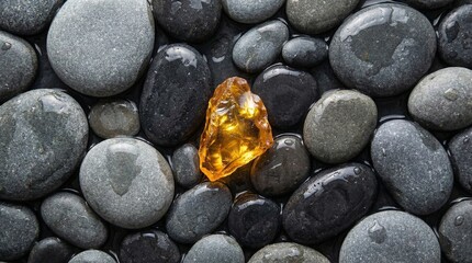 Natural Raw Amber Gemstone Glowing Among Smooth Wet Grey River Pebbles