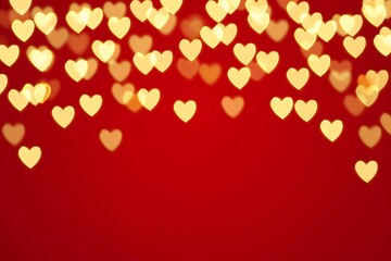 Golden heart-shaped bokeh lights creating a festive border on a vibrant red background