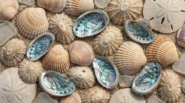 Beautiful collection of iridescent abalone shells and various seashells scattered on a sandy beach