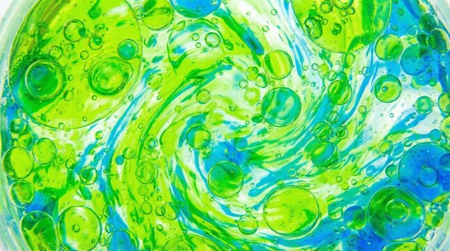 Abstract macro photography of vibrant blue and green oil droplets swirling in liquid forming bubble patterns