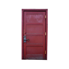 Red wooden door with simple design standing alone against a white background