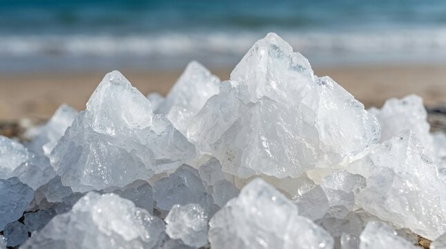 Natural white salt crystals piled on a sandy beach with blue ocean waves in the background