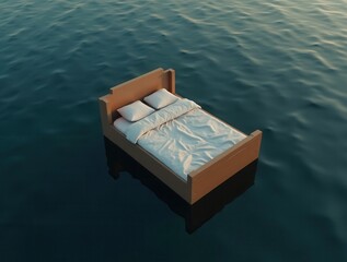 Surreal wooden bed floating peacefully on water