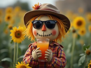 Scarecrow wearing sunglasses enjoying orange juice in sunflower field