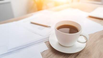 Coffee cup on a table covered with papers during a work session in the afternoon light