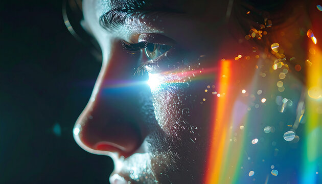 Vision and Reflection: Close-up of a contemplative face gazing off into the distance, eyes filled with emotion, illuminated by a dynamic spectrum of light, evoking profound introspection.