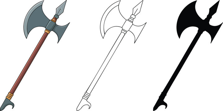 Halberd silhouette & Outline and illustration set isolated on transparent background