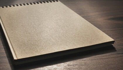 Fototapeta premium A notebook lies open on a wooden table with a wide shot capturing the empty space above it