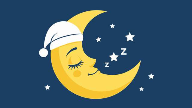 Peaceful Sleeping Moon Cartoon Character Wearing a Nightcap with Stars in a Dark Blue Night Sky