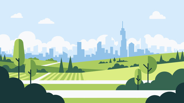 Green urban park landscape with lush fields and trees in front of a modern city skyline under a clear blue sky.