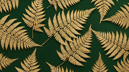 Close up full frame background featuring lush tropical fern leaves painted with shimmering gold metallic foil against deep green backdrop