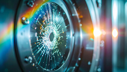 Shattered Industrial Lens: A close-up view reveals a circular glass lens shattered by an unseen force, reflecting light with fractured rainbow hues against a backdrop of complex machinery.