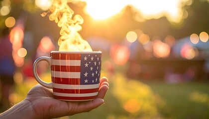 Hot Coffee in an American Flag Mug at Sunset.