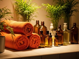 Warm towels amber bottles and lush plants create a relaxing spa scene