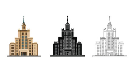 Obraz premium Illustrations of a grand building in different color schemes color black and white