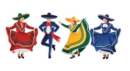 Four traditionally dressed mexican folk dancers in vibrant and colorful attire