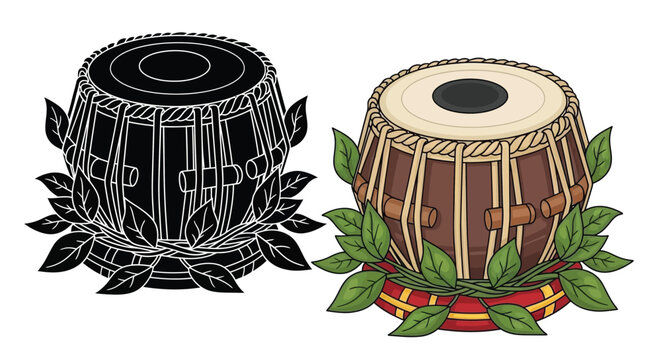 A detailed illustration of two indian tabla drums with floral decorations