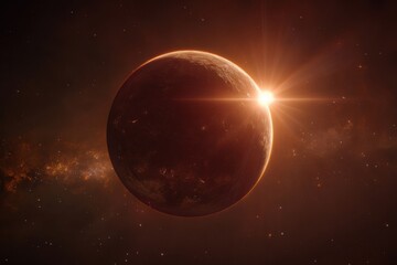 Fototapeta premium A fiery planet bathed in a golden sunrise in space