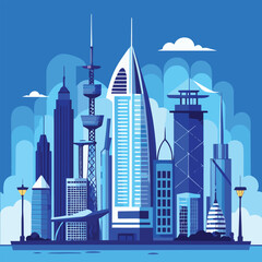 Fototapeta premium A stylized illustration of a modern cityscape with prominent skyscrapers and architectural details