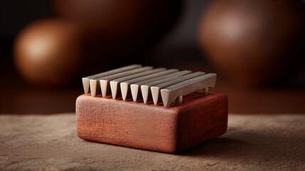 Kalimba thumb piano with metal tines on wooden resonator box resting on textured surface, traditional African musical instrument