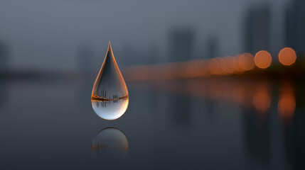 Water droplet suspended in air with cityscape reflection and warm bokeh lights against blue atmospheric background, purity concept