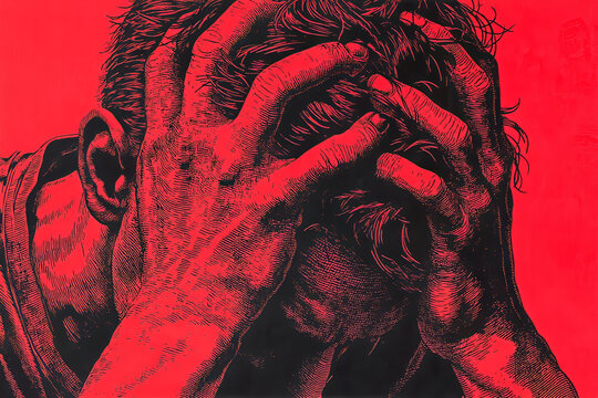 Ilustraci&oacute;n de hombre con las manos en la cabeza sobre fondo rojo, Imagen para campa&ntilde;a de salud mental y bienestar emocional, ansiedad, desesperaci&oacute;n, depresi&oacute;n, ansiedad social